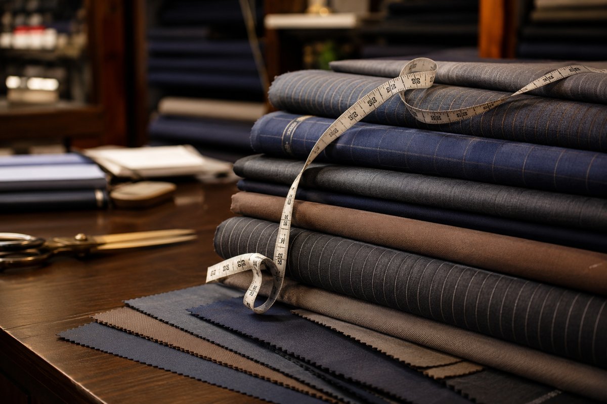 Suiting fabrics, measuring tape and shears at the Raymond Paldi tailoring counter